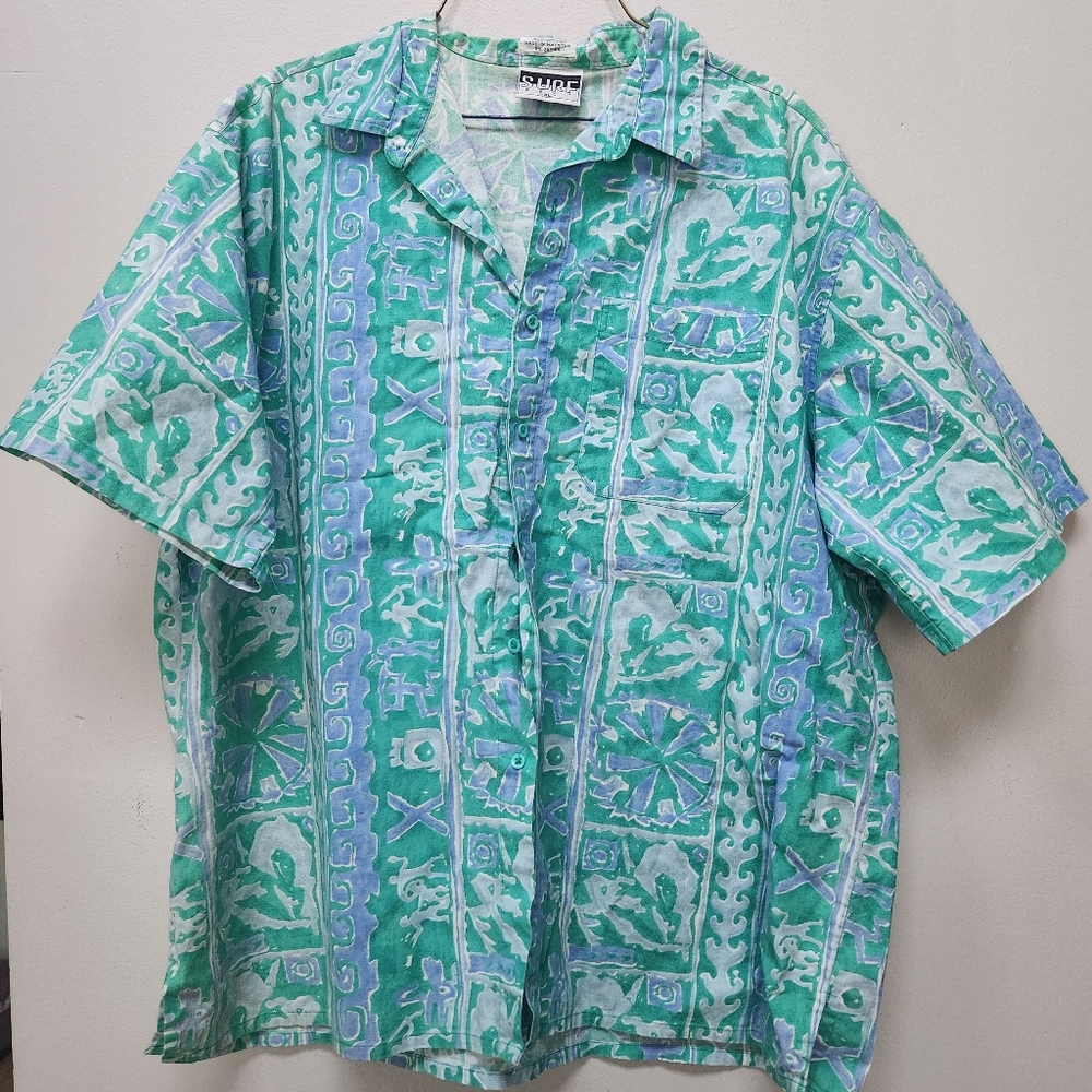 SURF GEAR Single Stitch Hawaiian Shirt Blue Green Teal Men's  XL Vintage